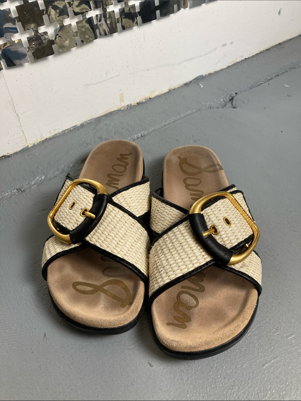 Sam Edelman Cream Woven Slide Sandals with Black Trim & Gold Buckle